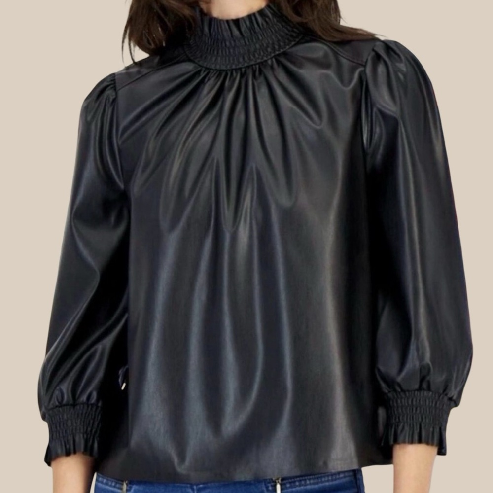 INC International Concepts Faux Leather Smocked Neck Keyhole Back 3/4 Slv NWT S